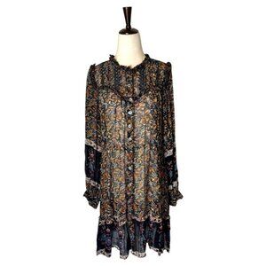 Sea New‎ York Dress Women 2 Black Floral Print Sheer High Neck Button Front Mini